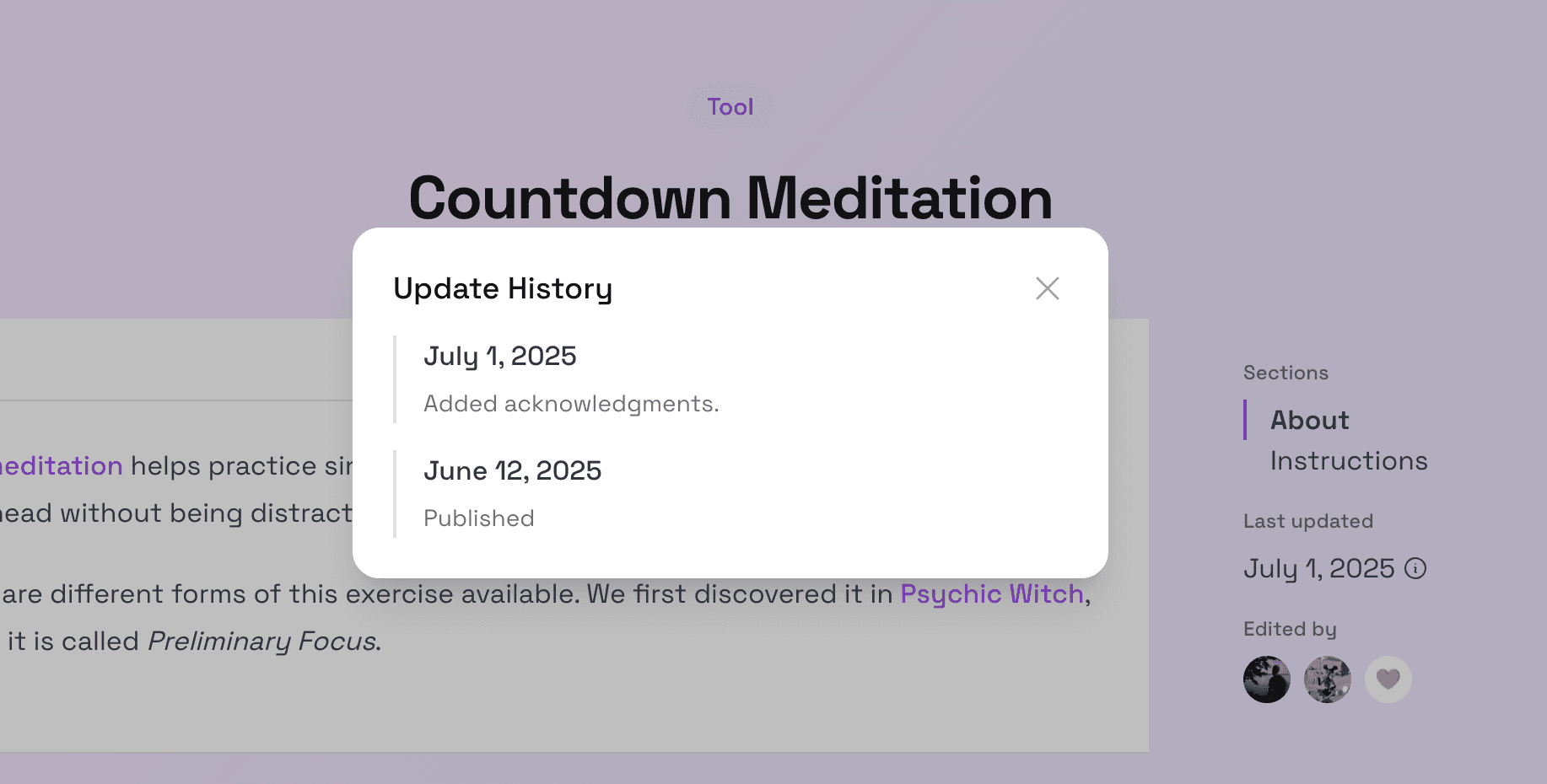 The "Update History" section shows a log of all changes to a page