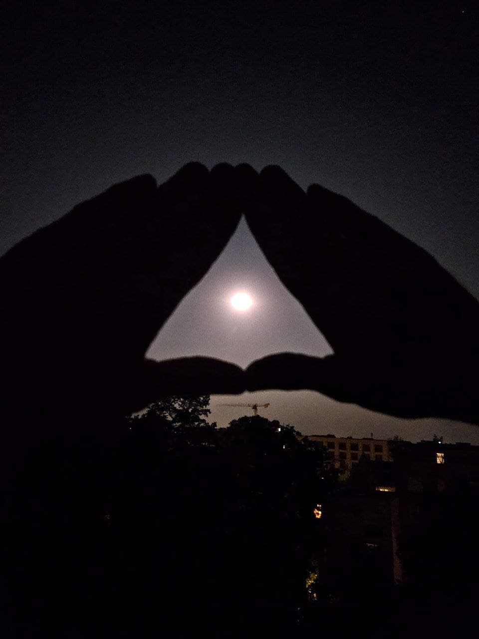 A photo of two hands forming a triangle with the full moon at their center.