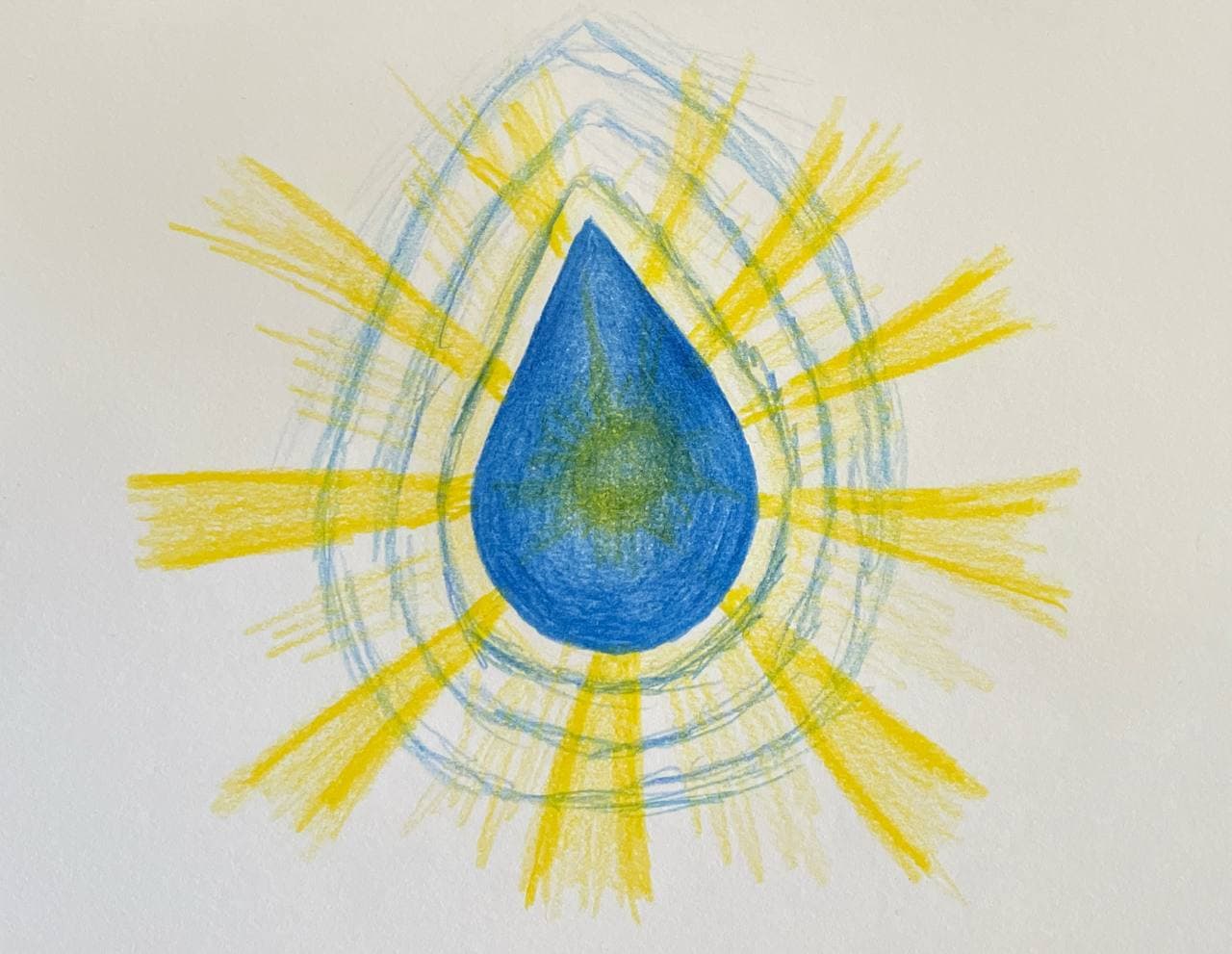 A drawing of a tear drop and light bursting out from behind of it.