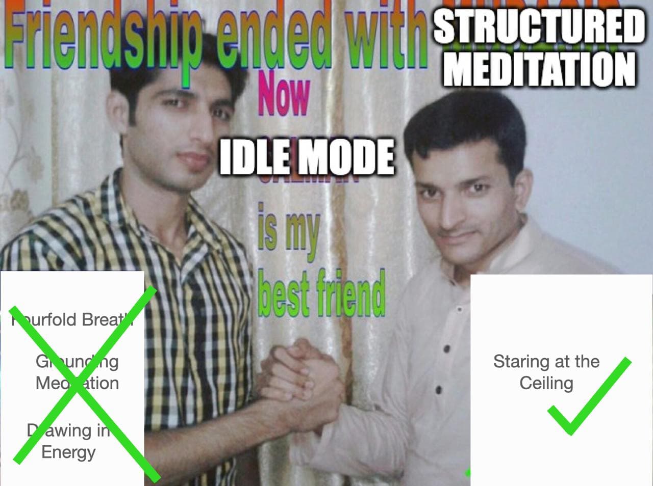 Meme: Friendship ended with structured meditation. Now idle mode is my new best friend