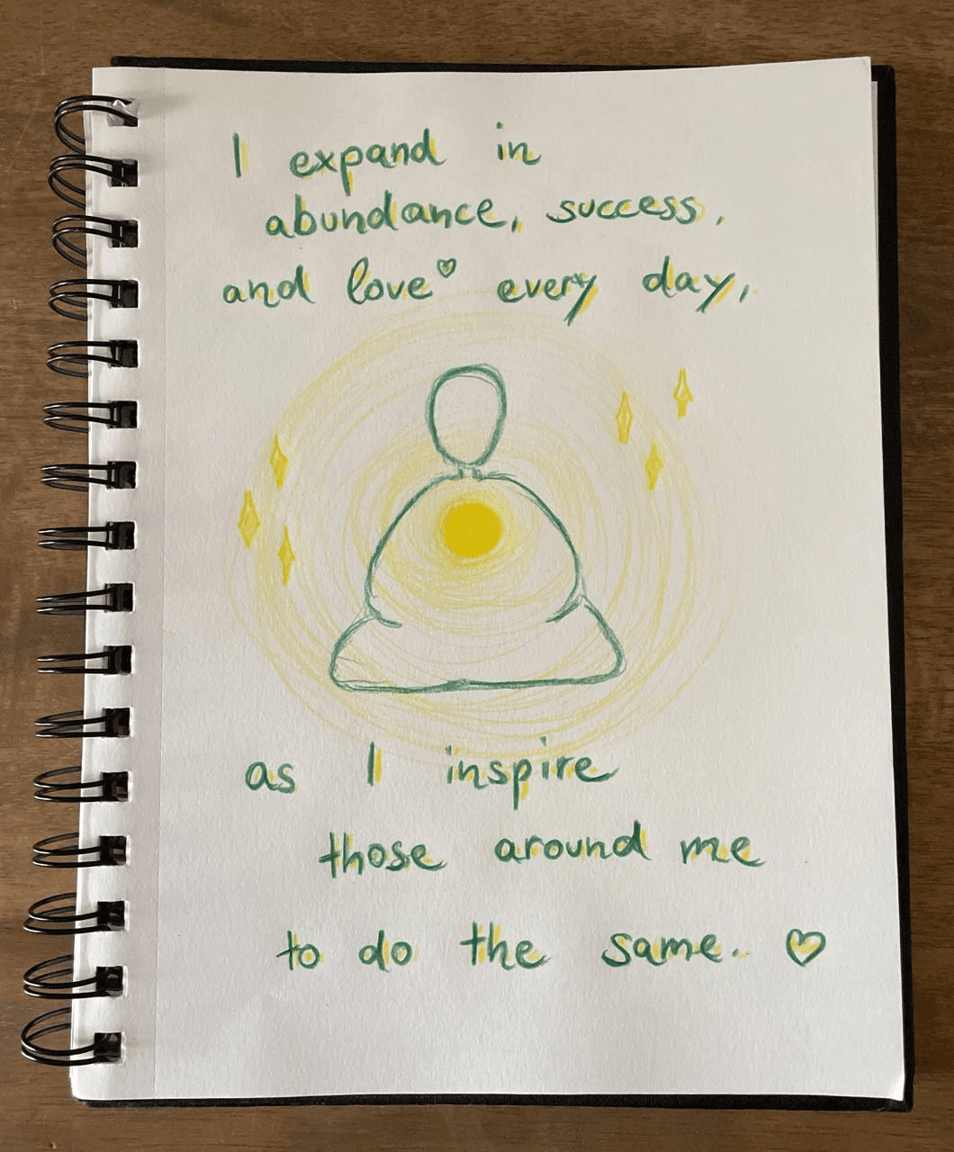 A simplified drawing of a person sitting in meditation. A bright light originates in their chest area and radiates out. The mantra 'I expand in abundance, success, and love every day, as I inspire those around me to do the same.' is written around the person.